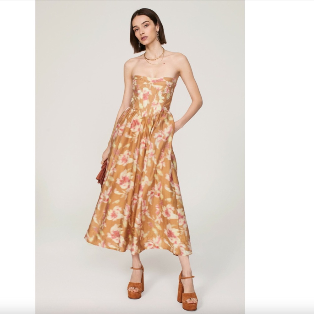 Bardot Strapless Floral Midi Dress in Mustard and Pink